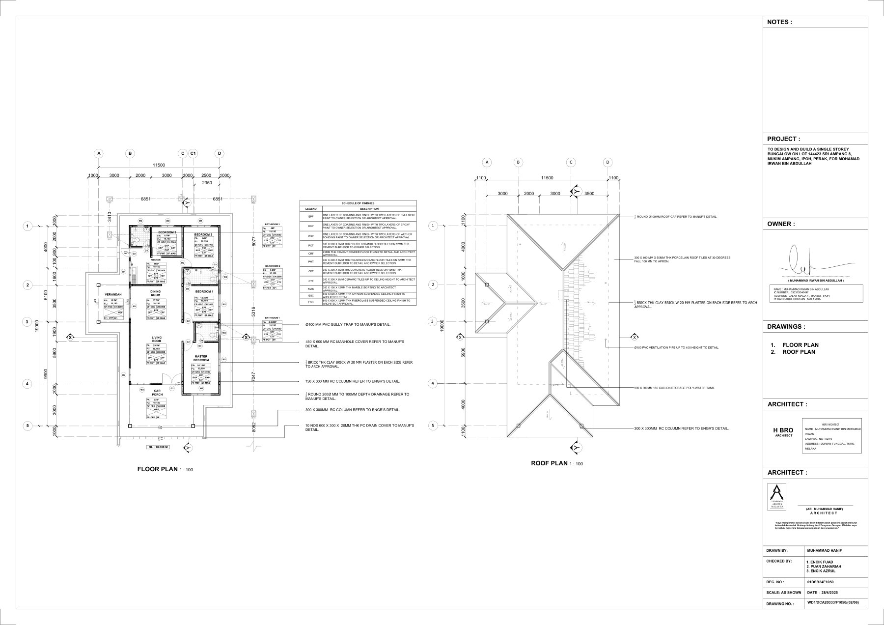 Single-storey bungalow floor and roof plans
