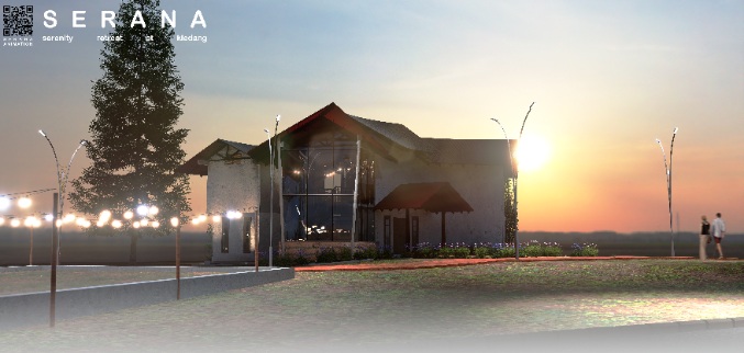 Serana retreat house rendering with red roofs in the evening light